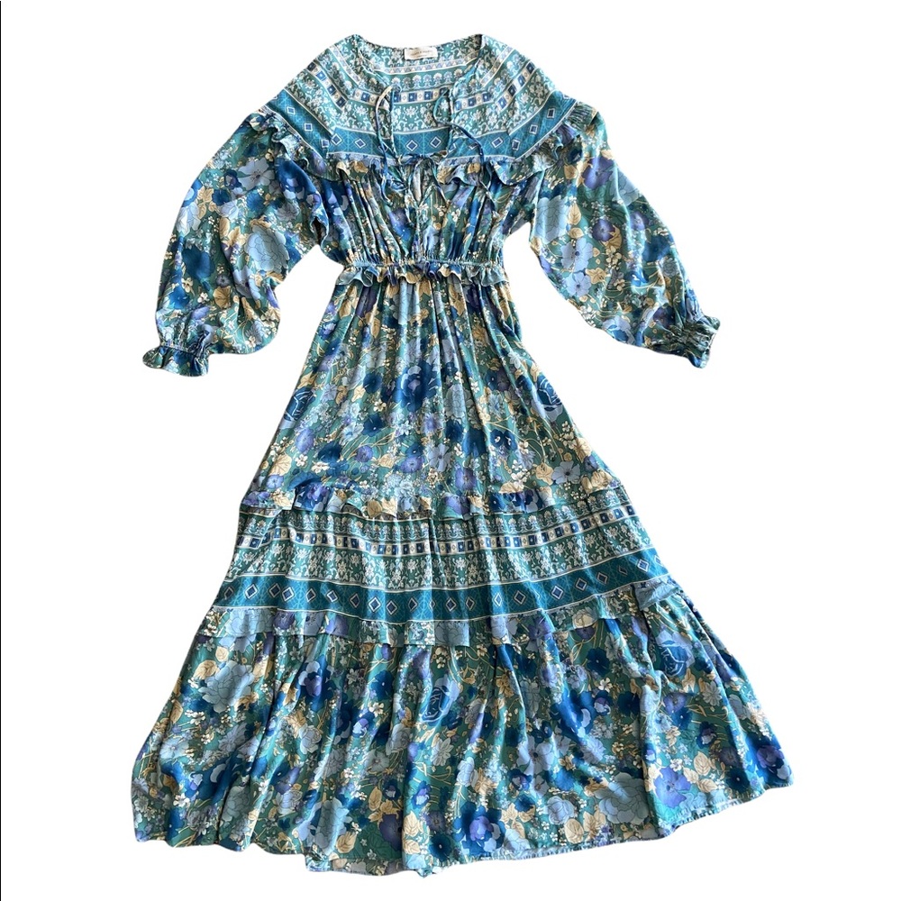 Saints and Hearts Boho Maxi Dress Ruffled Floral size Small / Ocean Neutral